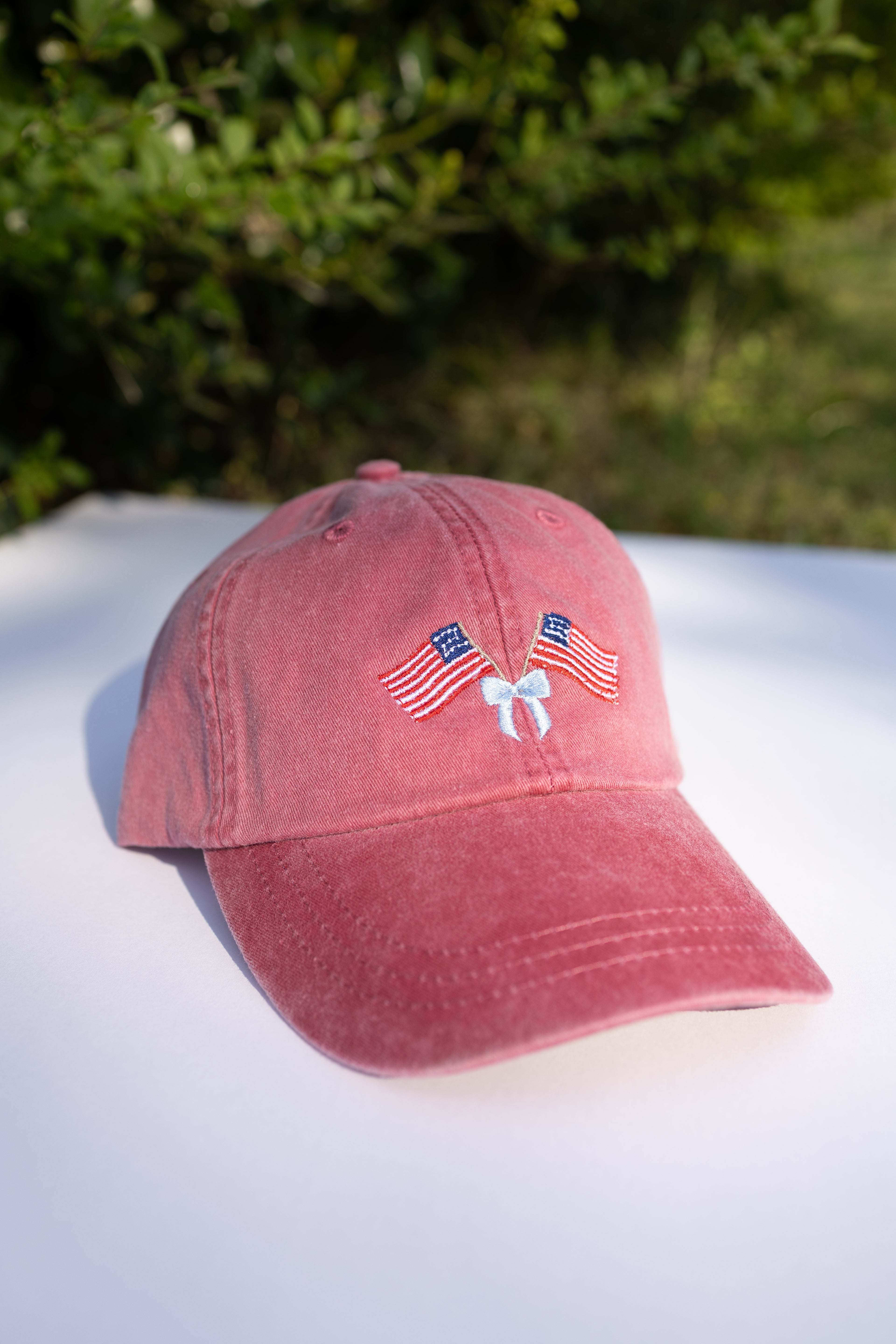 Vintage American Flag Bow Hat – Washed Red Cotton Cap
